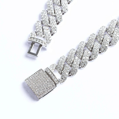 12mm Iced Prong Cuban Link Bracelet - White Gold