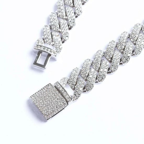 12mm Iced Prong Cuban Link Bracelet - White Gold