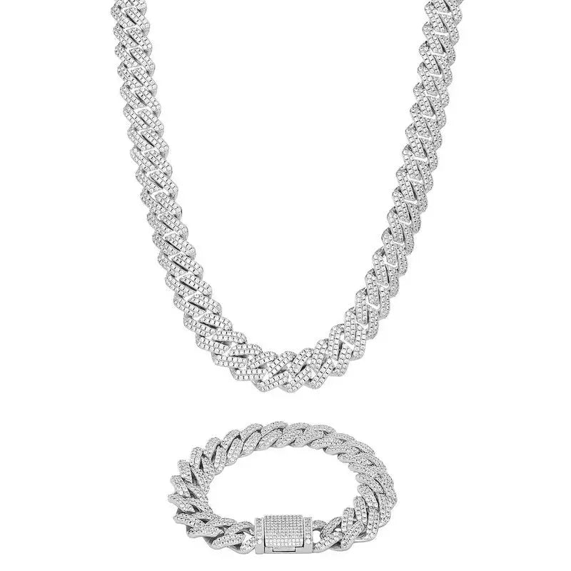 12mm Iced Prong Cuban Link Chain + Bracelet - Silver