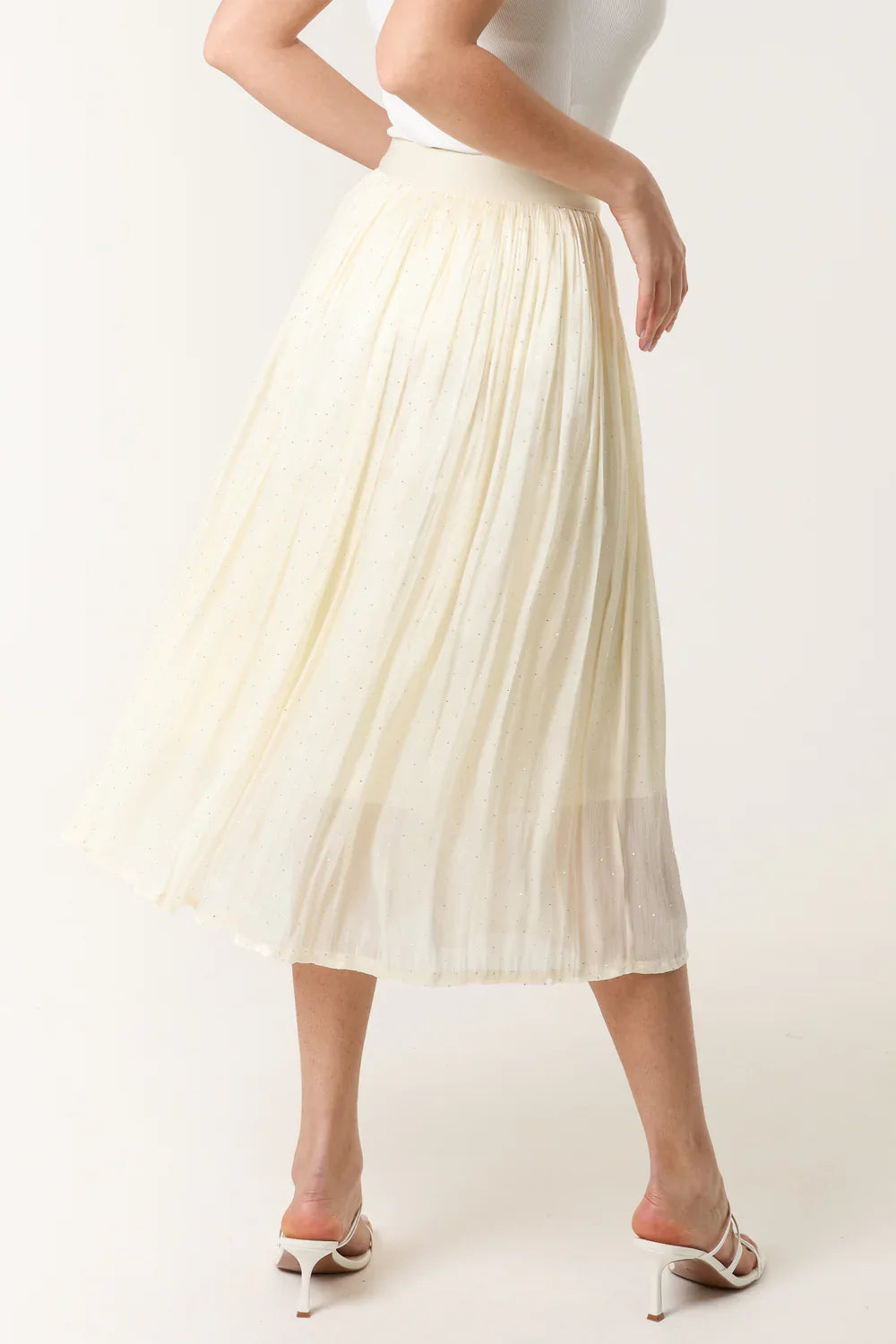 Elasticated Waist Satin Embellished Midi Skirt | Ivory & Pink | Women’s Occasion Skirts | Sizes S/M & M/L