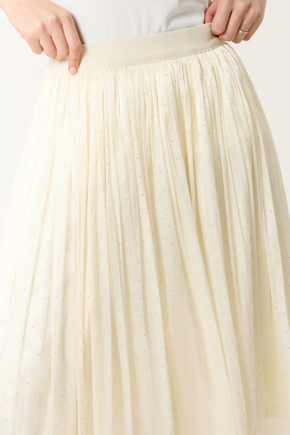 Elasticated Waist Satin Embellished Midi Skirt | Ivory & Pink | Women’s Occasion Skirts | Sizes S/M & M/L