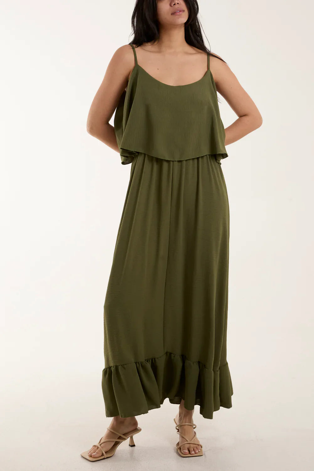 Double Layer Cami Maxi Dress Khaki – One Size (Fits UK 8–16)