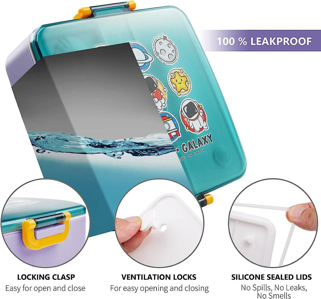 Kids Bent Lunch Box with Leak-Proof Design and Sauce Jar, 1300ml Capacity