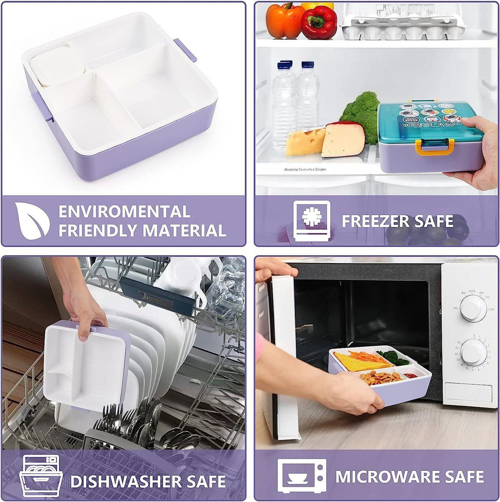 Kids Bent Lunch Box with Leak-Proof Design and Sauce Jar, 1300ml Capacity