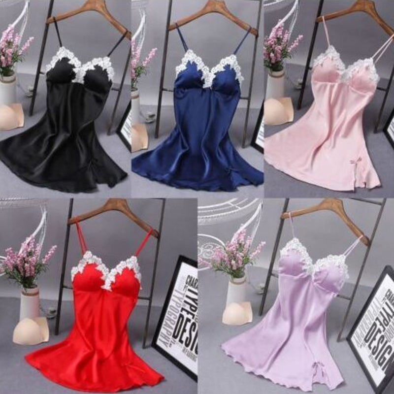 Lace Silk Suspender Nightdress With Chest Pad