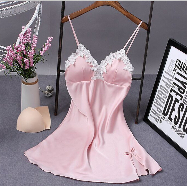 Lace Silk Suspender Nightdress With Chest Pad