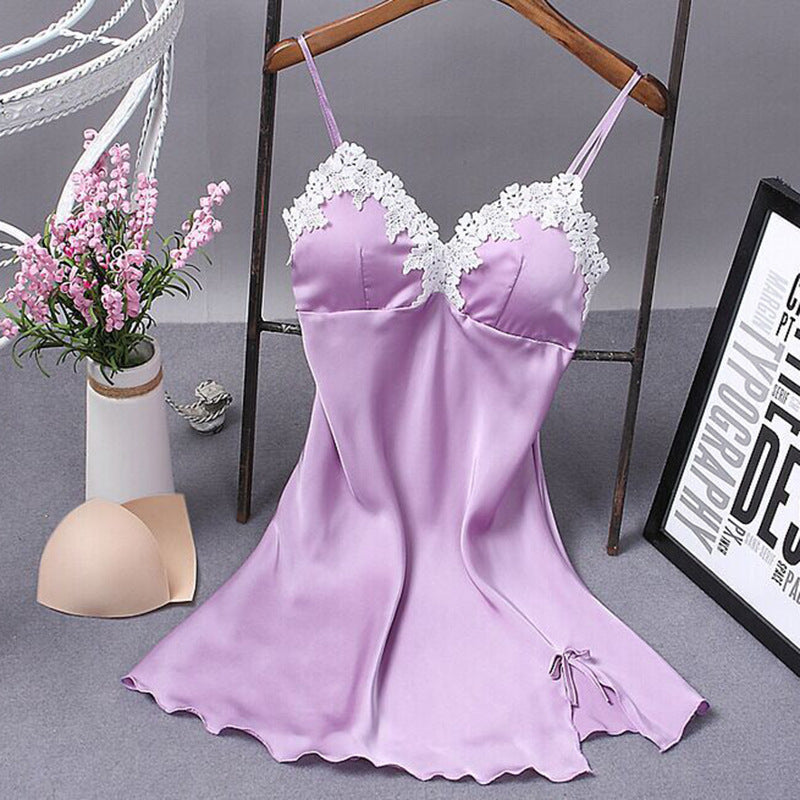 Lace Silk Suspender Nightdress With Chest Pad