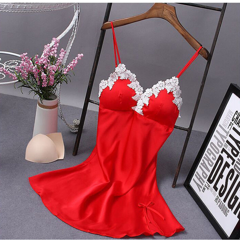 Lace Silk Suspender Nightdress With Chest Pad
