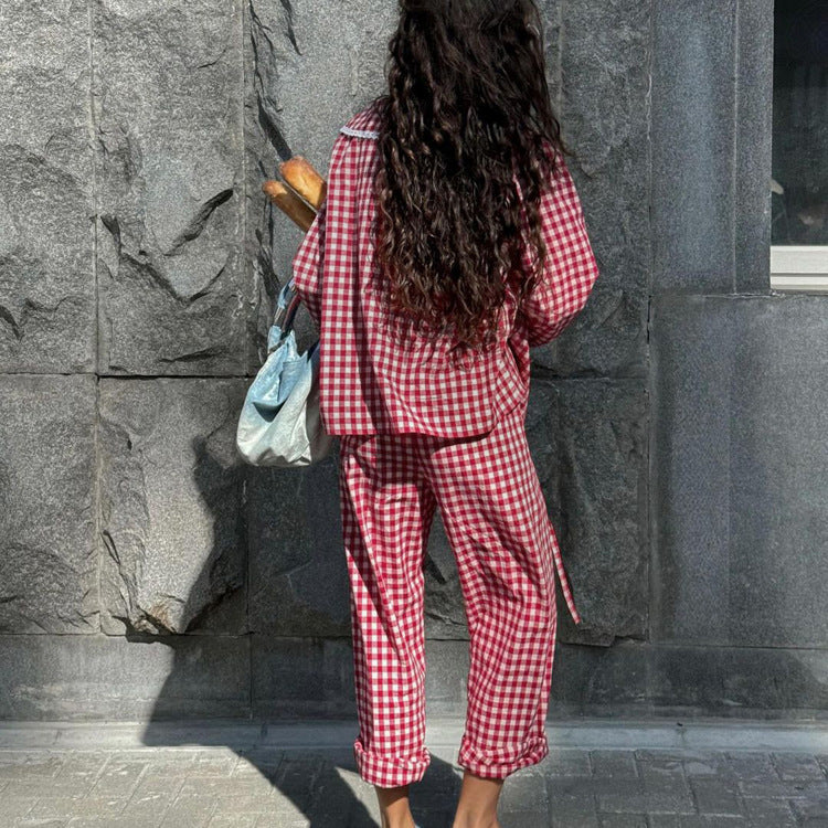 Ladies' Two-Pieces Set-Plaid Shirt with Wide Leg Pants