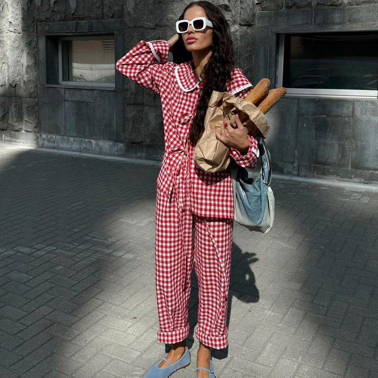 Ladies' Two-Pieces Set-Plaid Shirt with Wide Leg Pants