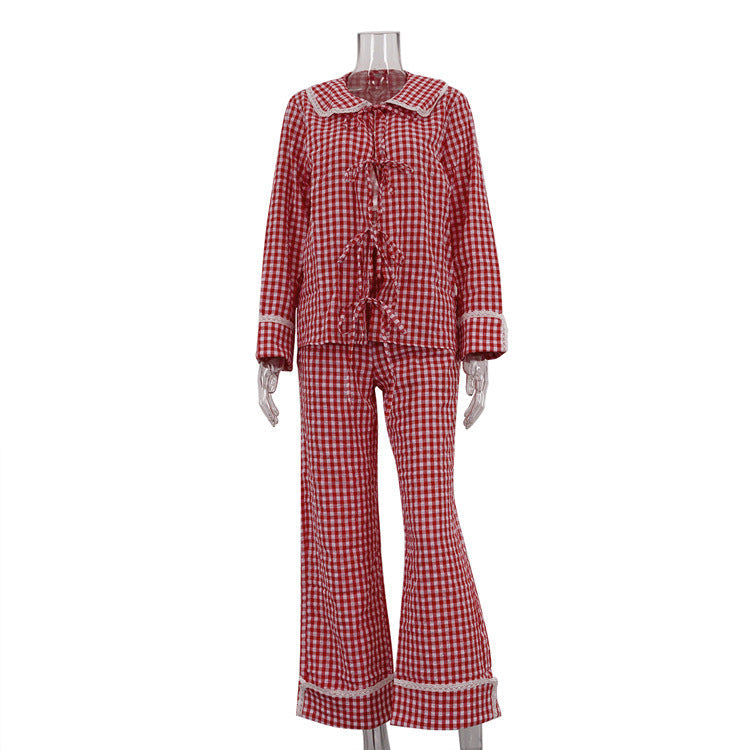 Ladies' Two-Pieces Set-Plaid Shirt with Wide Leg Pants