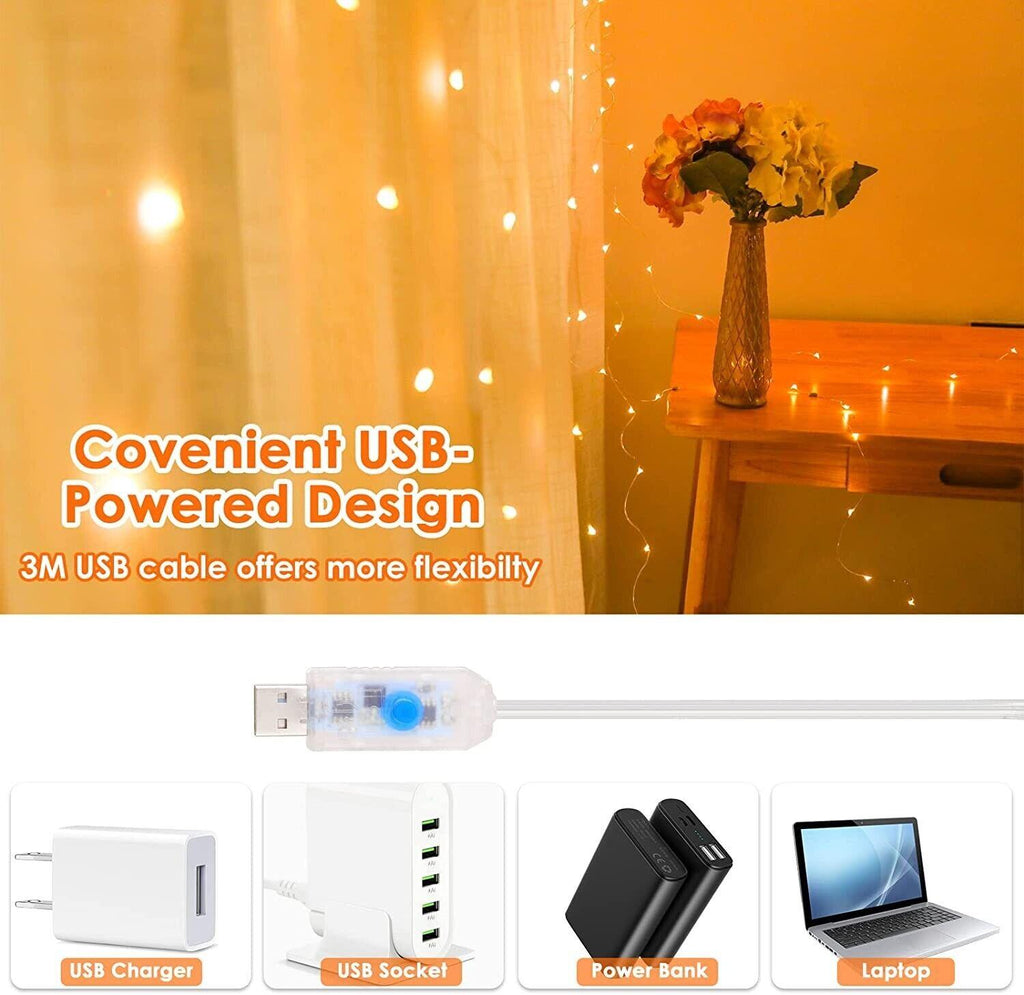 LED USB Light Curtain 3x3M 300 LEDs 8 Modes Warm White Indoor Anpro