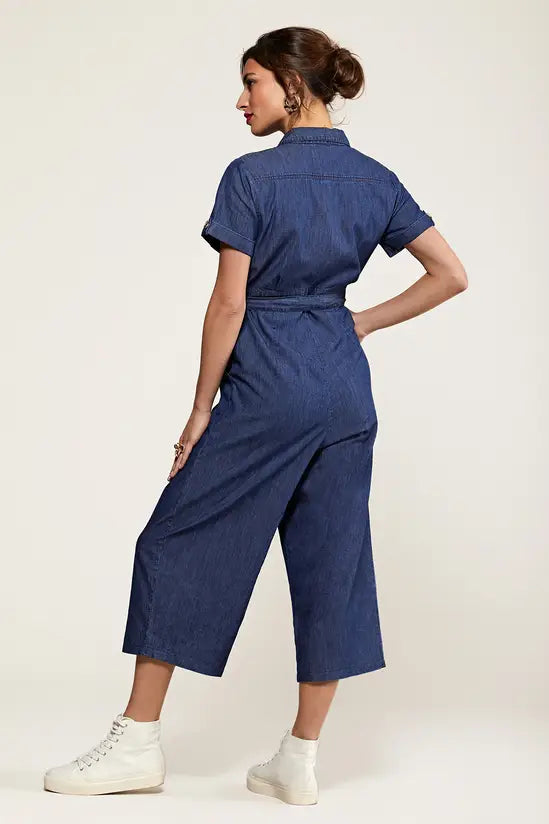 Yumi Blue Denim Button Jumpsuit, Lightweight Cotton Culotte Style with Waist Tie - QHA UK