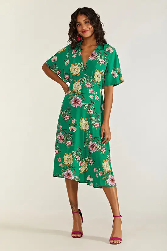 Yumi Green Floral Kimono Midi Dress - QHA UK