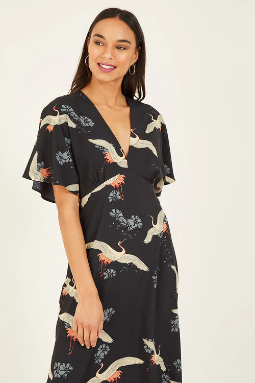 Black Crane Print Kimono Midi Dress - QHA UK