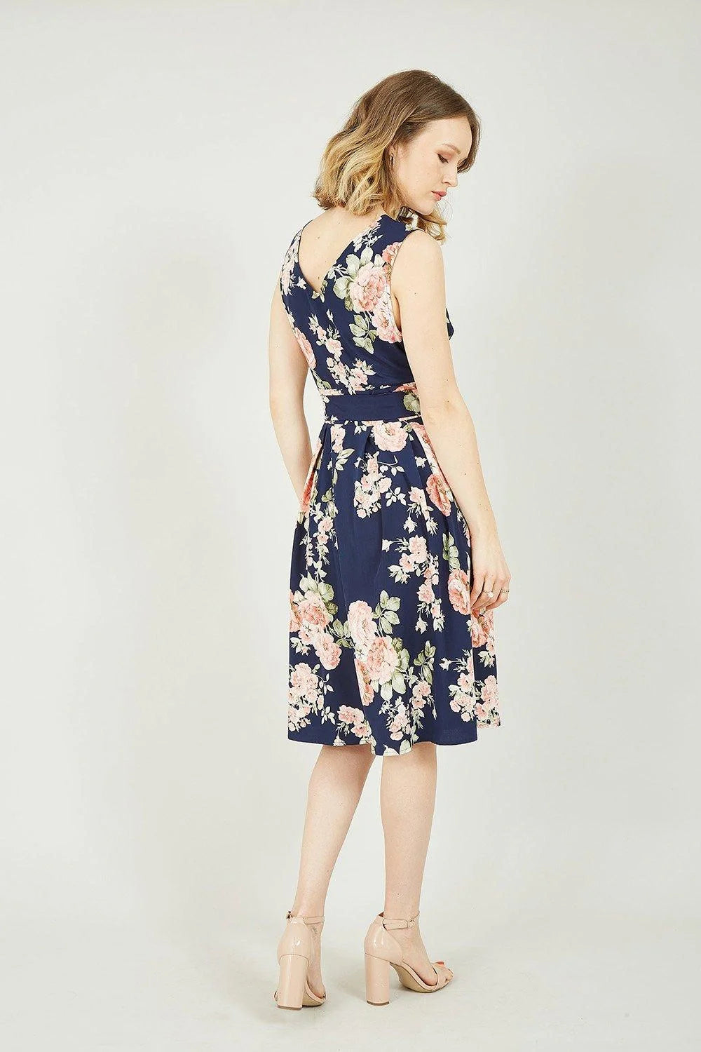 Mela Navy Rose Printed Wrap Over Sleeveless Skater Dress - QHA UK