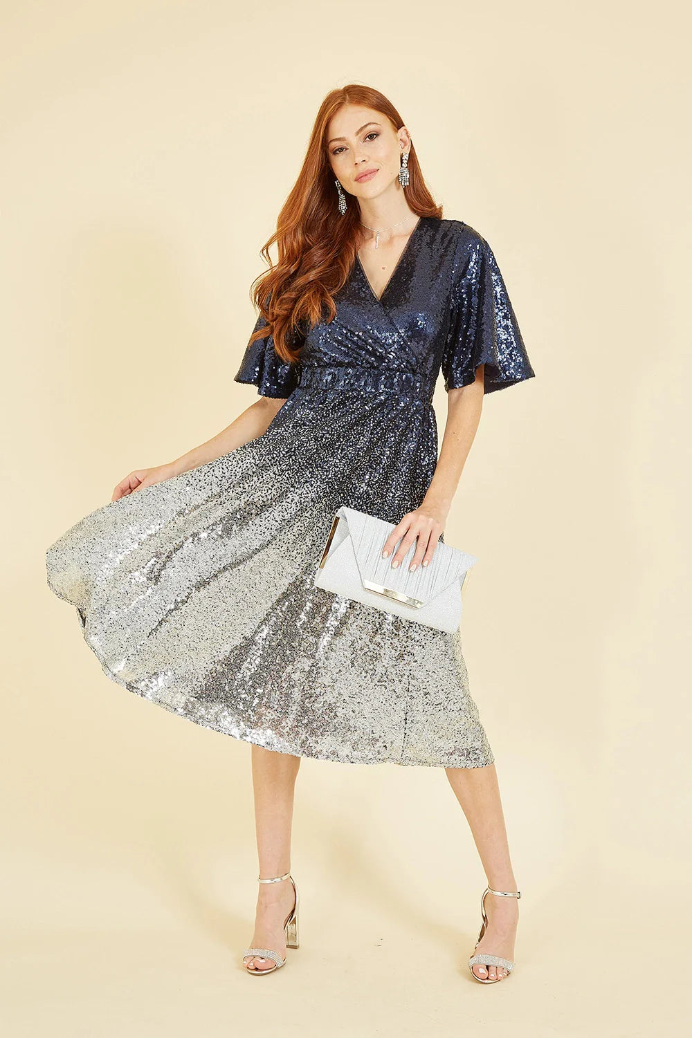 Yumi Navy and Silver Ombre Sequin Midi Wrap Dress - QHA UK