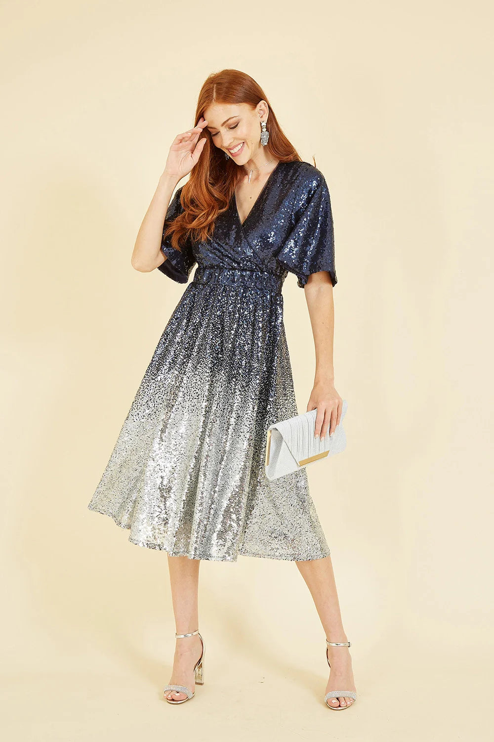 Yumi Navy and Silver Ombre Sequin Midi Wrap Dress - QHA UK