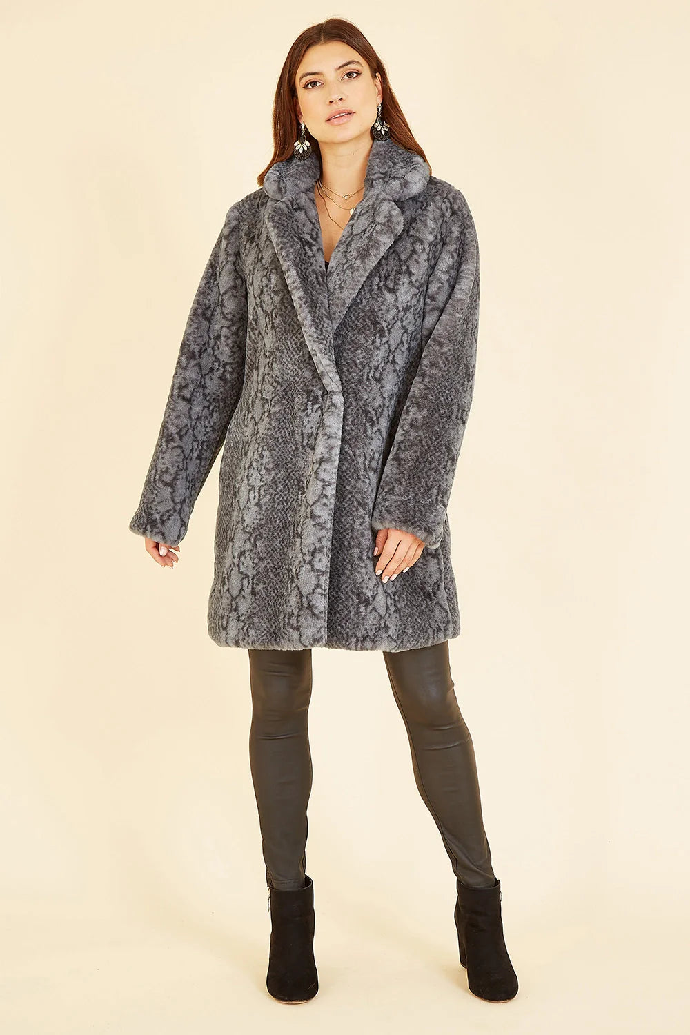 Yumi Grey Snakeskin Print Faux Fur Coat - QHA UK