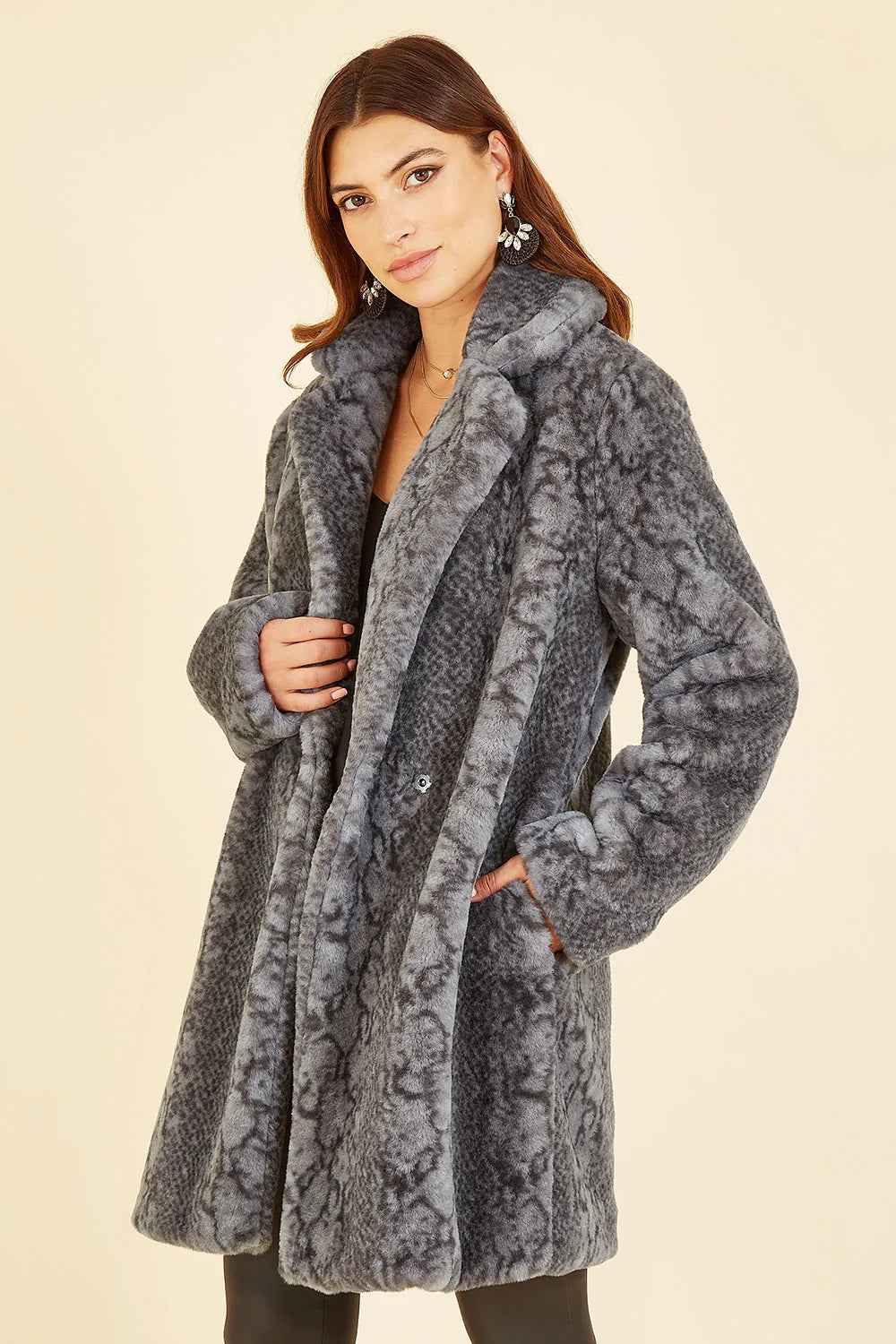 Yumi Grey Snakeskin Print Faux Fur Coat - QHA UK