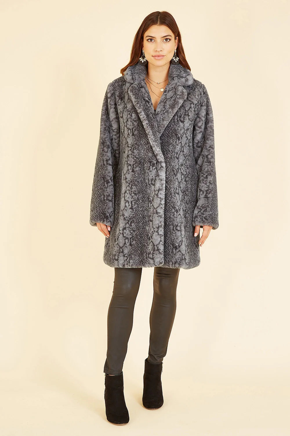 Yumi Grey Snakeskin Print Faux Fur Coat - QHA UK