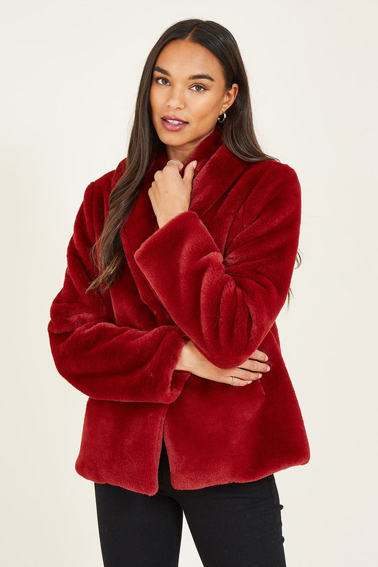Yumi Red Short Wrap Faux Fur Coat - QHA UK