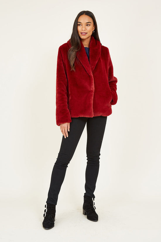 Yumi Red Short Wrap Faux Fur Coat - QHA UK