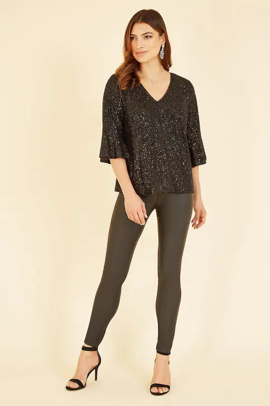 Yumi Black Sequin Top With Fluted Sleeve - QHA UK