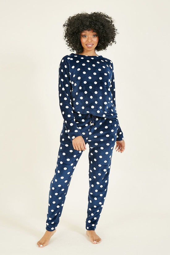 Yumi Navy Spot Super Soft Fleece Pyjamas - QHA UK