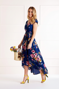 Mela Women's Navy Blue Floral Wrap Midi Dress – Dipped Hem, Short Sleeve, Sizes 6-28