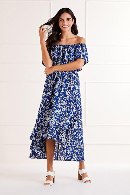 Mela Blue Ditsy Print Bardot Dipped Hem Dress - QHA UK