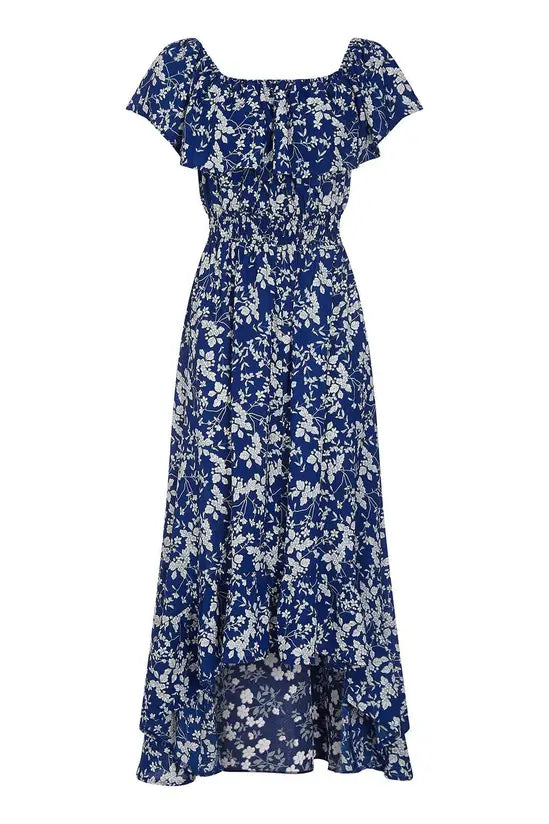 Mela Blue Ditsy Print Bardot Dipped Hem Dress - QHA UK
