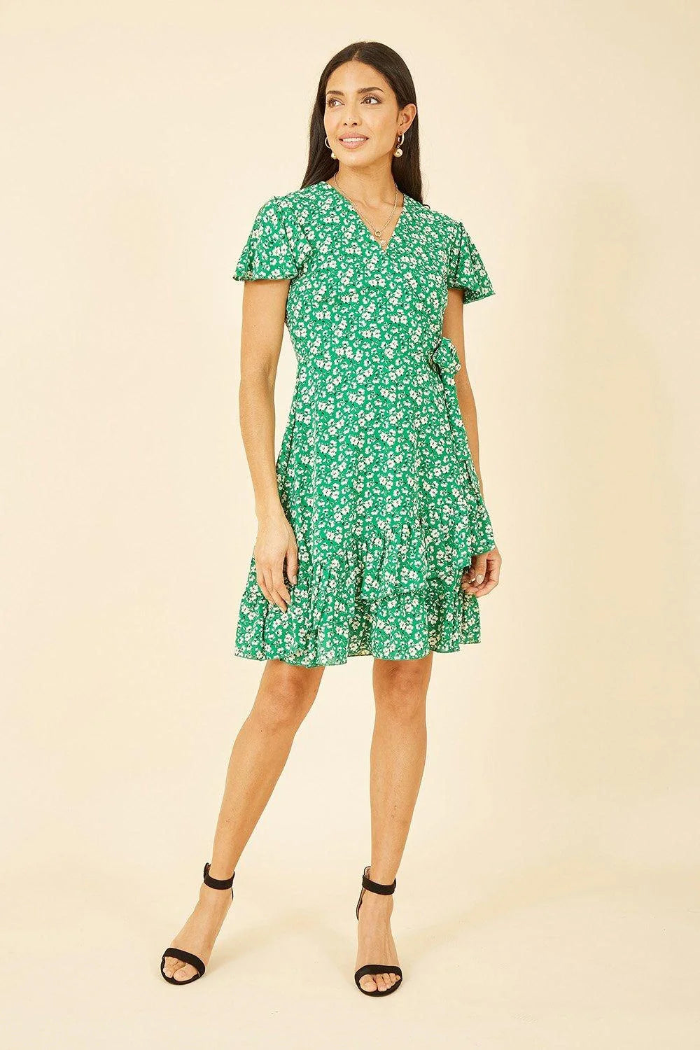 Mela London Green Ditsy Floral Wrap Dress Frill Hem Tea Summer UK 6-28