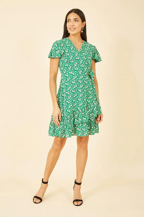 Mela London Green Ditsy Floral Wrap Dress Frill Hem Tea Summer UK (6-28) - QHA UK