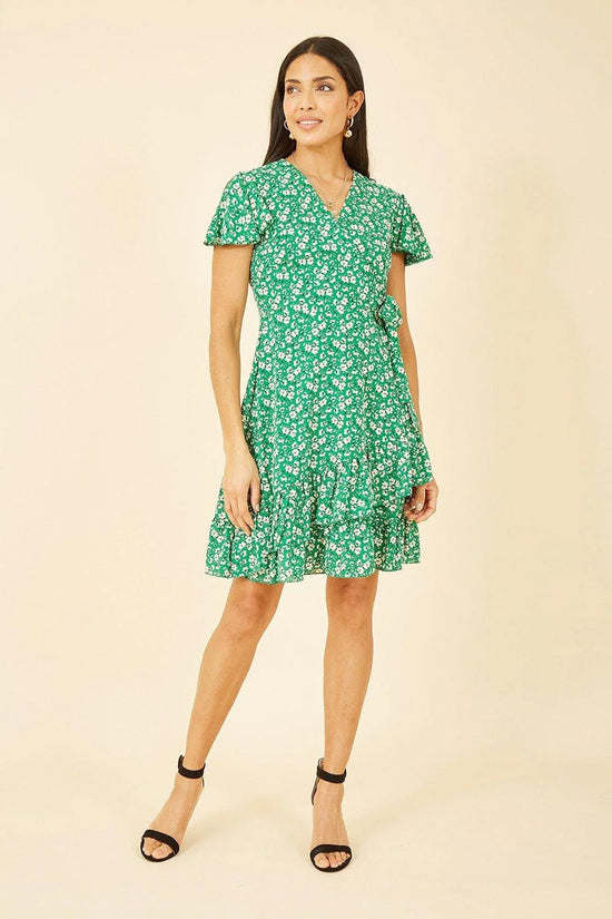 Mela London Green Ditsy Floral Wrap Dress Frill Hem Tea Summer UK (6-28) - QHA UK