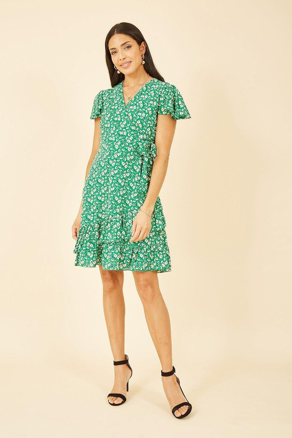 Mela London Green Ditsy Floral Wrap Dress Frill Hem Tea Summer UK (6-28)