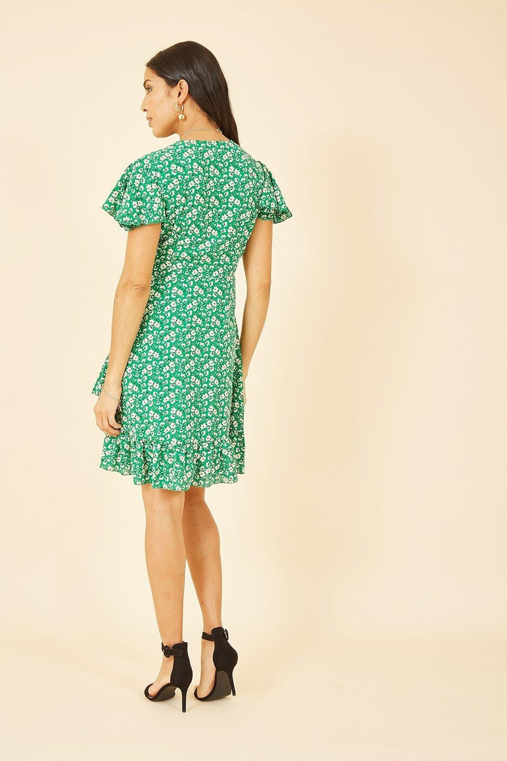 Mela London Green Ditsy Floral Wrap Dress Frill Hem Tea Summer UK 6-28