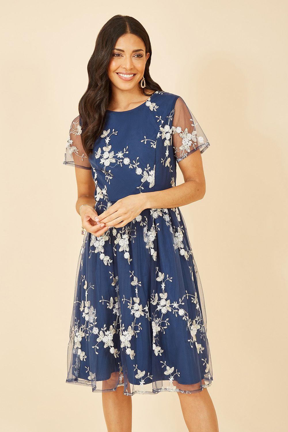 Yumi Navy Embroidered Floral Skater Dress - QHA UK