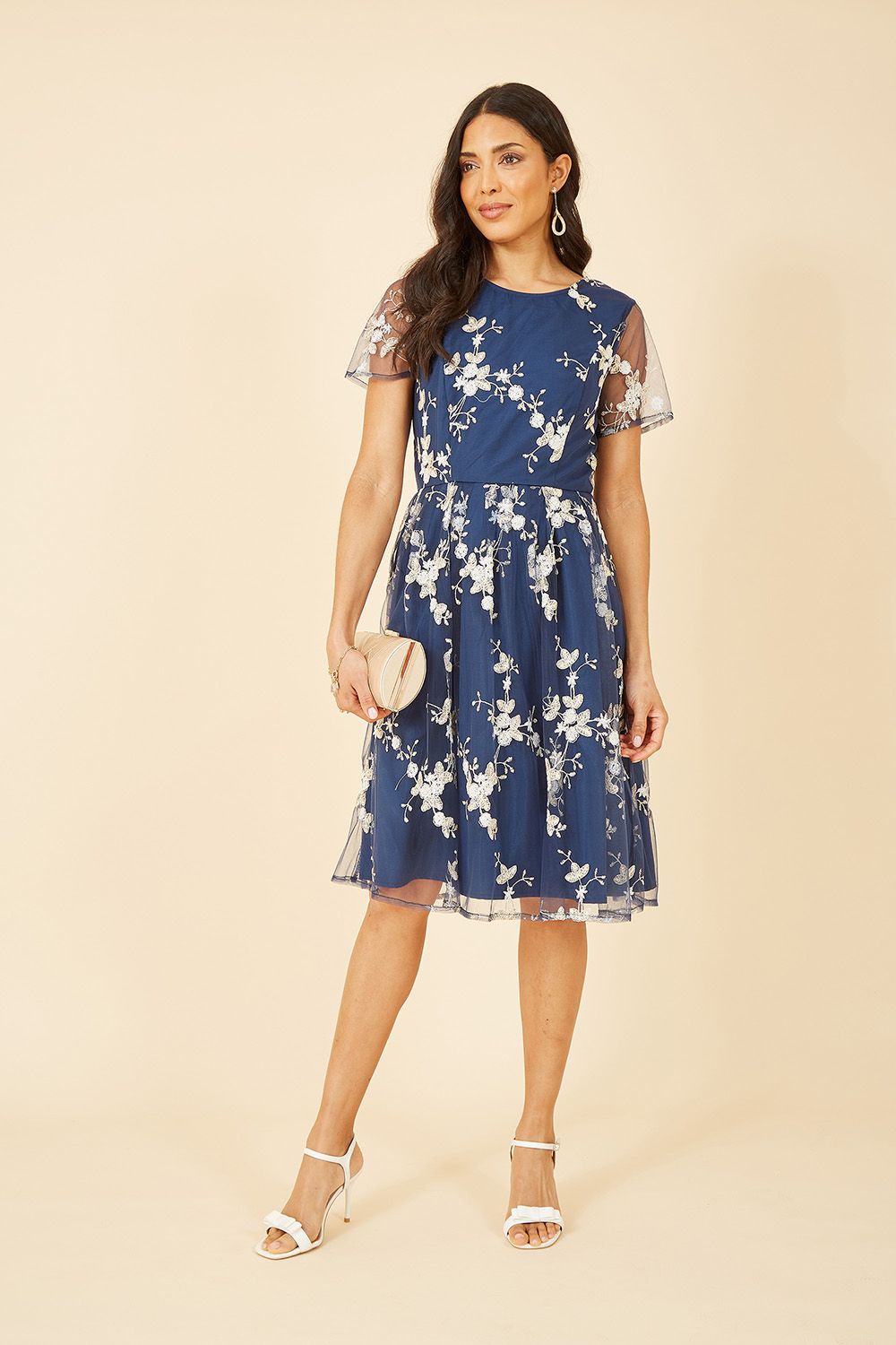 Yumi Navy Embroidered Floral Skater Dress - QHA UK