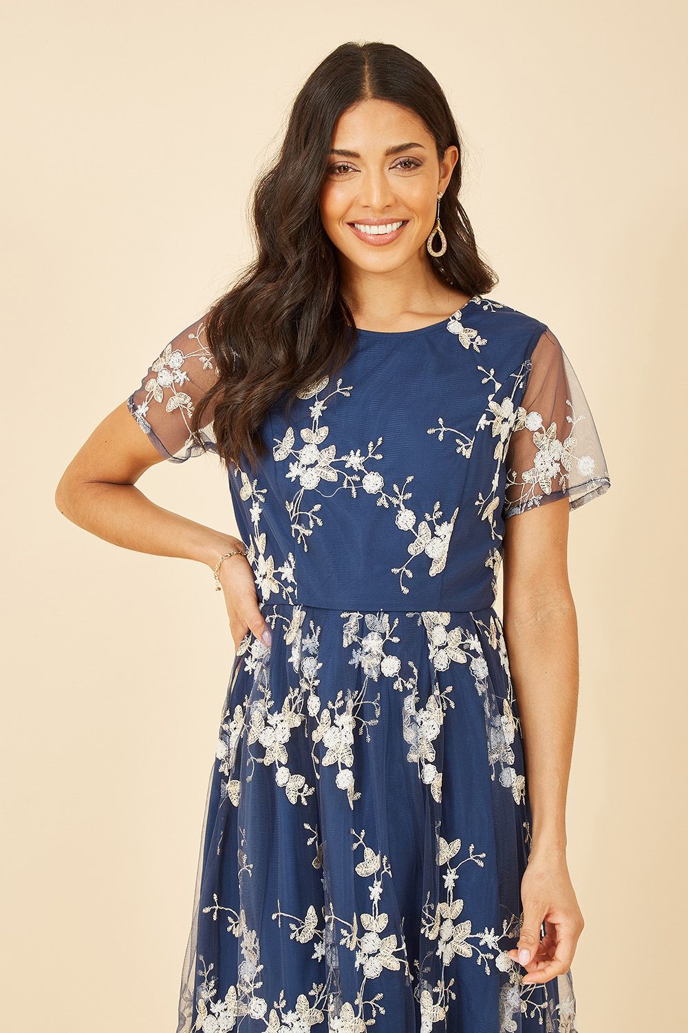 Yumi Navy Embroidered Floral Skater Dress - QHA UK