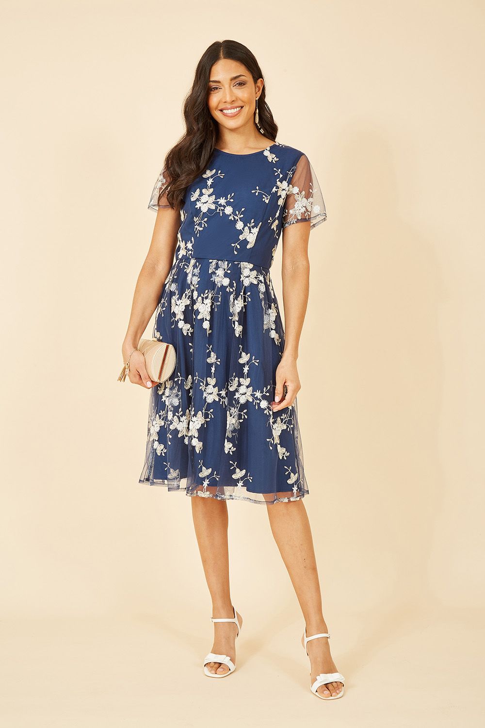 Yumi Navy Embroidered Floral Skater Dress - QHA UK