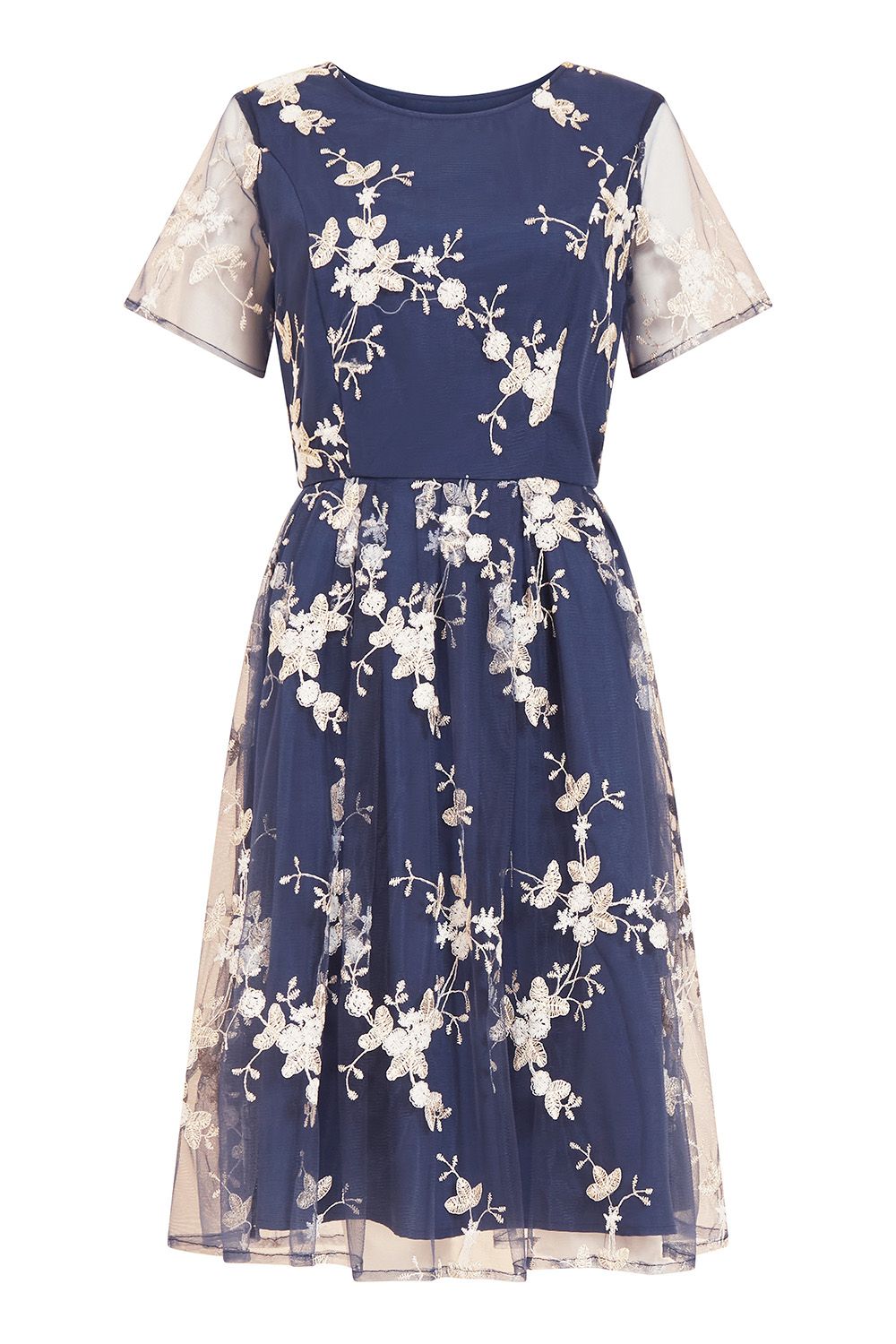 Yumi Navy Embroidered Floral Skater Dress - QHA UK
