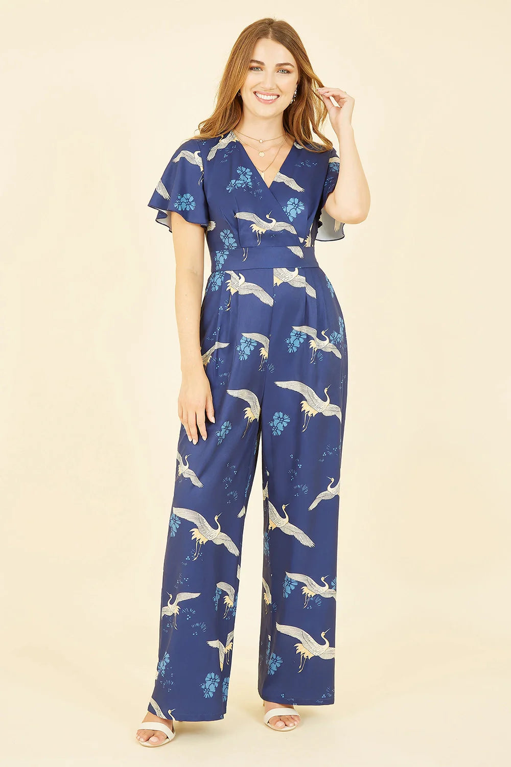 Yumi Black Crane Print Angel Sleeve Jumpsuit - QHA UK