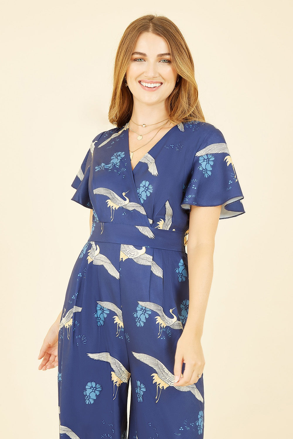 Yumi Black Crane Print Angel Sleeve Jumpsuit - QHA UK