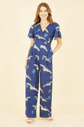 Yumi Black Crane Print Angel Sleeve Jumpsuit - QHA UK