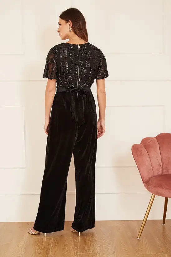 Yumi Black Sequin Embellished Velvet Jumpsuit With Angel Sleeves - QHA UK