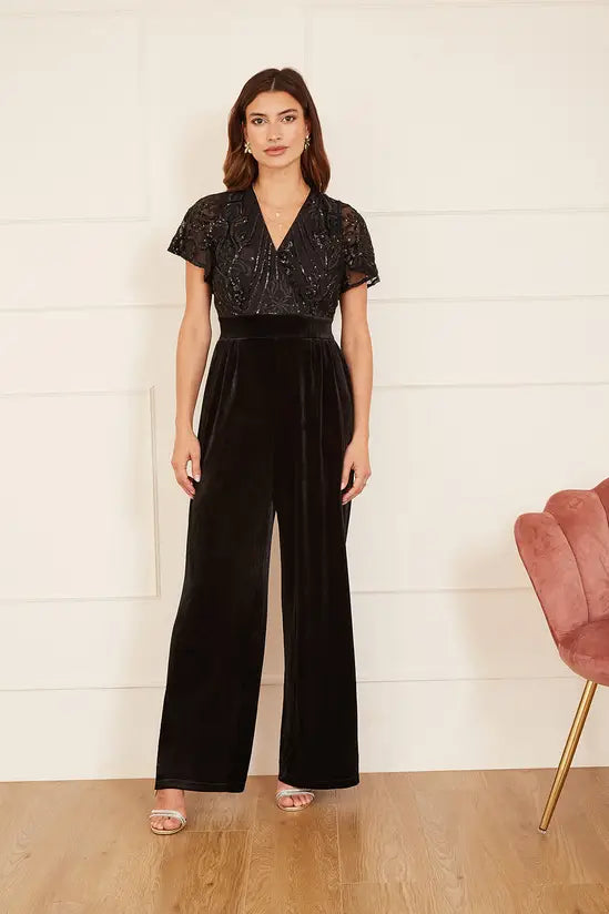 Yumi Black Sequin Embellished Velvet Jumpsuit With Angel Sleeves - QHA UK