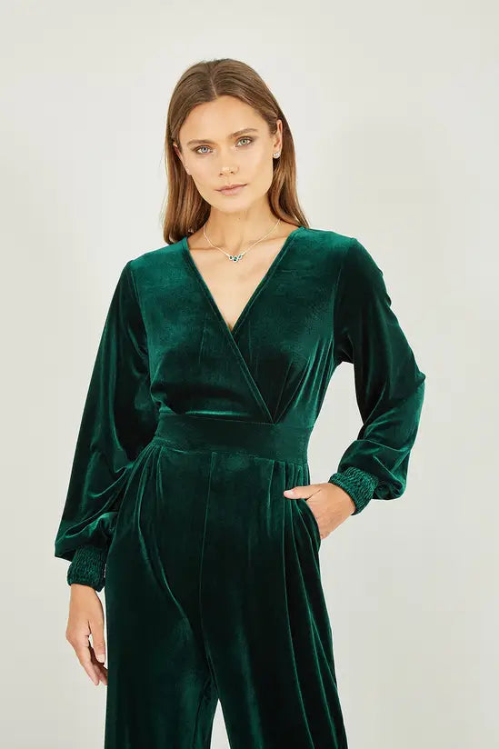 Yumi Green Velvet Long Sleeve Jumpsuit - QHA UK