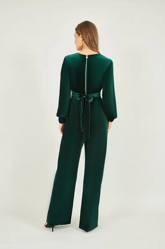 Yumi Green Velvet Long Sleeve Jumpsuit - QHA UK
