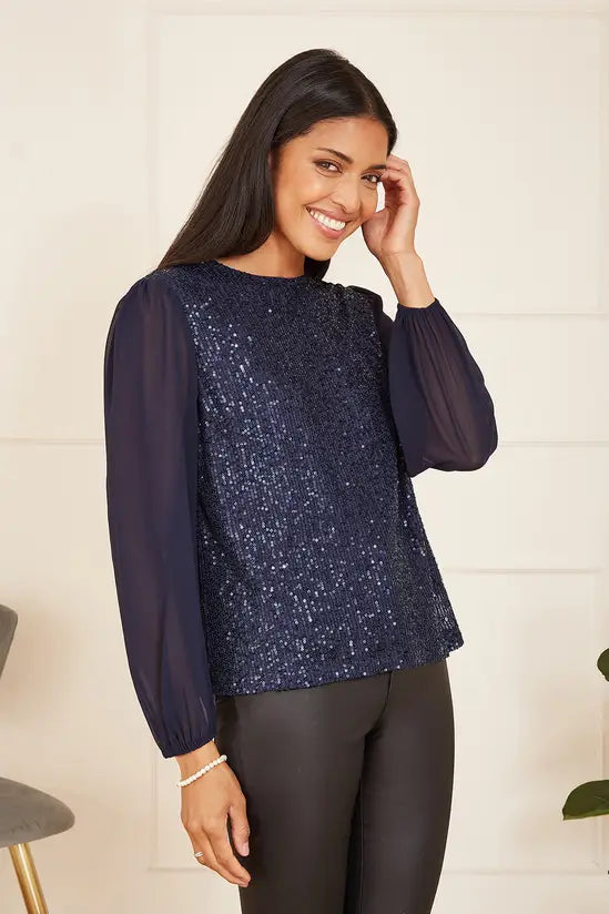 Yumi Navy Sequin Top With Sheer Sleeves